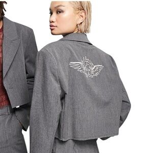 COLLUSION Unisex cropped blazer with angel graphic in black stripe co-ord